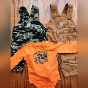 2 pairs of Carhartt Baby Canvas Overalls and Onesie Shirt - 6 months